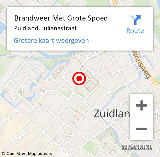 Locatie op kaart van de 112 melding: Brandweer Met Grote Spoed Naar Zuidland, Julianastraat op 21 oktober 2023 10:23