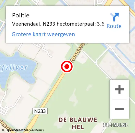 Locatie op kaart van de 112 melding: Politie Veenendaal, N233 hectometerpaal: 3,6 op 21 oktober 2023 11:03