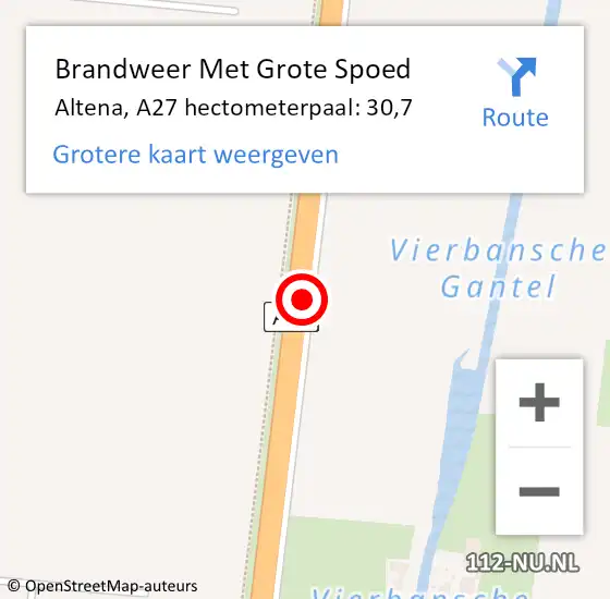 Locatie op kaart van de 112 melding: Brandweer Met Grote Spoed Naar Altena, A27 hectometerpaal: 30,7 op 21 oktober 2023 11:47