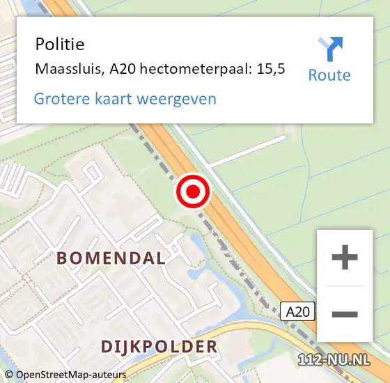 Locatie op kaart van de 112 melding: Politie Maassluis, A20 hectometerpaal: 15,5 op 21 oktober 2023 12:13