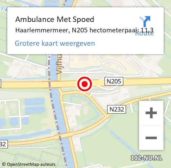 Locatie op kaart van de 112 melding: Ambulance Met Spoed Naar Haarlemmermeer, N205 hectometerpaal: 11,3 op 21 oktober 2023 17:17