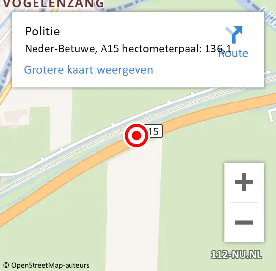 Locatie op kaart van de 112 melding: Politie Neder-Betuwe, A15 hectometerpaal: 136,1 op 21 oktober 2023 18:50