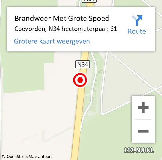 Locatie op kaart van de 112 melding: Brandweer Met Grote Spoed Naar Coevorden, N34 hectometerpaal: 61 op 21 oktober 2023 19:25