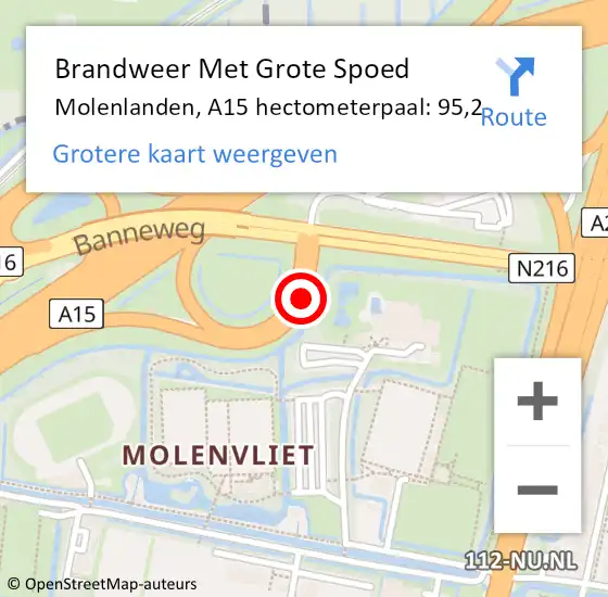 Locatie op kaart van de 112 melding: Brandweer Met Grote Spoed Naar Molenlanden, A15 hectometerpaal: 95,2 op 21 oktober 2023 20:14