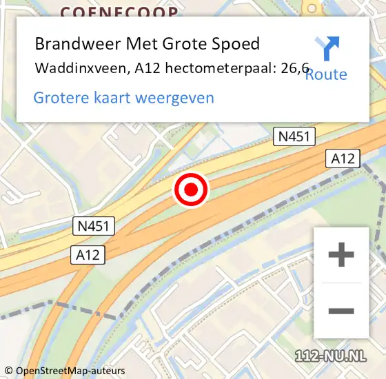 Locatie op kaart van de 112 melding: Brandweer Met Grote Spoed Naar Waddinxveen, A12 hectometerpaal: 26,6 op 21 oktober 2023 20:23