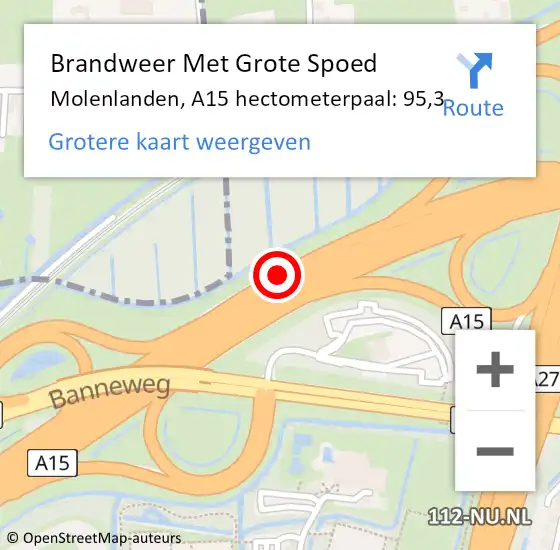 Locatie op kaart van de 112 melding: Brandweer Met Grote Spoed Naar Molenlanden, A15 hectometerpaal: 95,3 op 21 oktober 2023 20:24