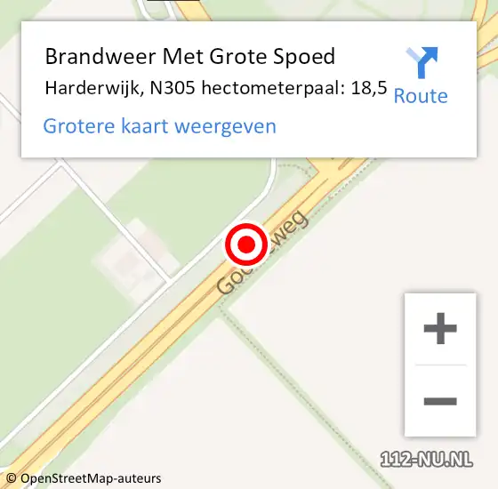 Locatie op kaart van de 112 melding: Brandweer Met Grote Spoed Naar Harderwijk, N305 hectometerpaal: 18,5 op 21 oktober 2023 21:12