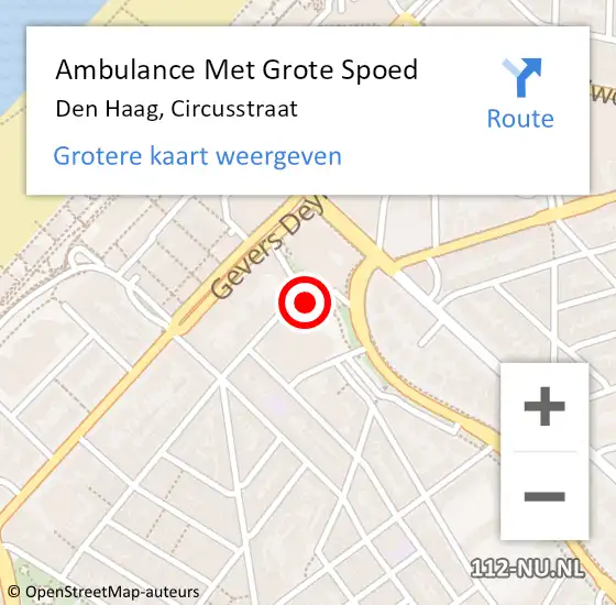 Locatie op kaart van de 112 melding: Ambulance Met Grote Spoed Naar Den Haag, Circusstraat op 21 oktober 2023 21:19