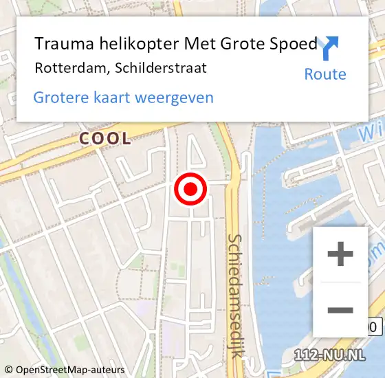 Locatie op kaart van de 112 melding: Trauma helikopter Met Grote Spoed Naar Rotterdam, Schilderstraat op 21 oktober 2023 21:59