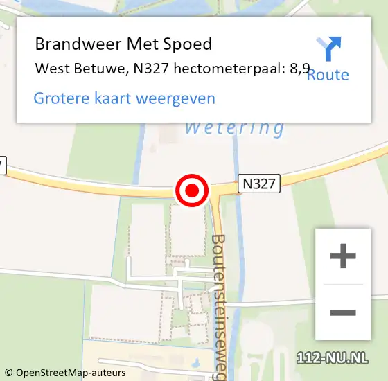 Locatie op kaart van de 112 melding: Brandweer Met Spoed Naar West Betuwe, N327 hectometerpaal: 8,9 op 22 oktober 2023 00:34