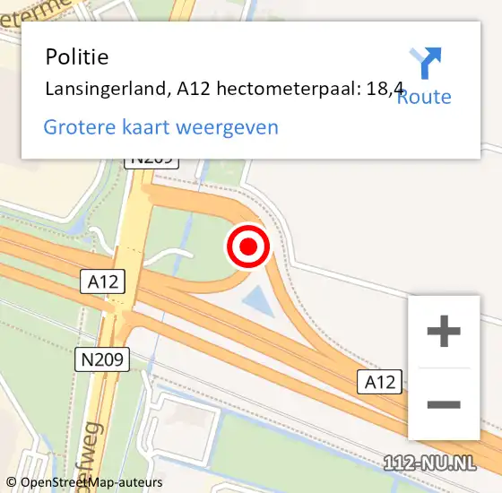 Locatie op kaart van de 112 melding: Politie Lansingerland, A12 hectometerpaal: 18,4 op 22 oktober 2023 01:21