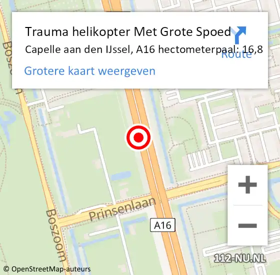 Locatie op kaart van de 112 melding: Trauma helikopter Met Grote Spoed Naar Capelle aan den IJssel, A16 hectometerpaal: 16,8 op 22 oktober 2023 07:03