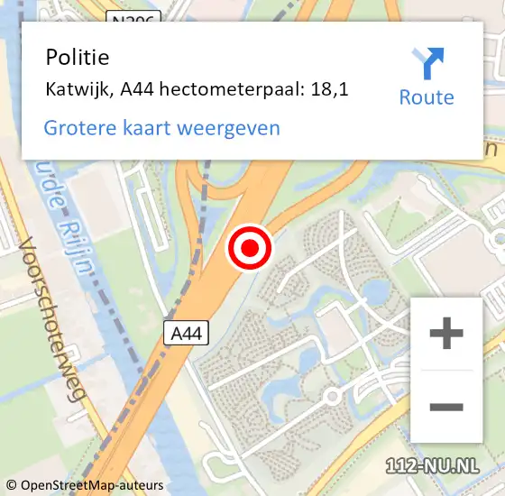 Locatie op kaart van de 112 melding: Politie Katwijk, A44 hectometerpaal: 18,1 op 22 oktober 2023 09:26