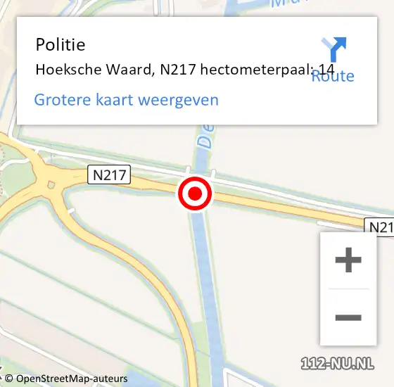 Locatie op kaart van de 112 melding: Politie Hoeksche Waard, N217 hectometerpaal: 14 op 22 oktober 2023 09:29