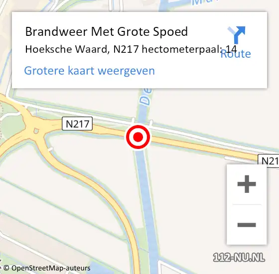 Locatie op kaart van de 112 melding: Brandweer Met Grote Spoed Naar Hoeksche Waard, N217 hectometerpaal: 14 op 22 oktober 2023 09:30