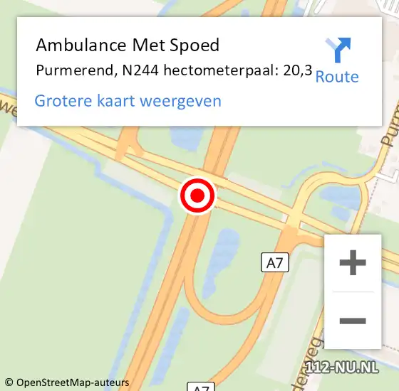 Locatie op kaart van de 112 melding: Ambulance Met Spoed Naar Purmerend, N244 hectometerpaal: 20,3 op 22 oktober 2023 09:42