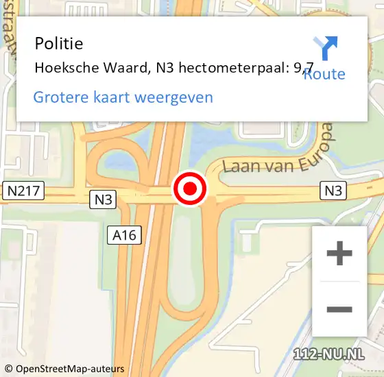 Locatie op kaart van de 112 melding: Politie Hoeksche Waard, N3 hectometerpaal: 9,7 op 22 oktober 2023 09:56