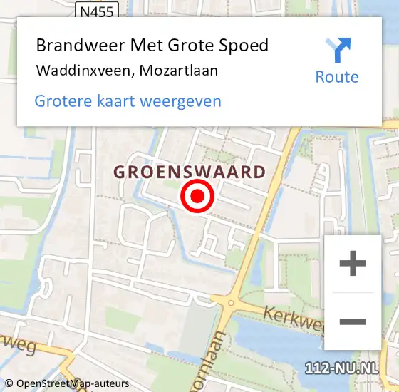 Locatie op kaart van de 112 melding: Brandweer Met Grote Spoed Naar Waddinxveen, Mozartlaan op 22 oktober 2023 11:02