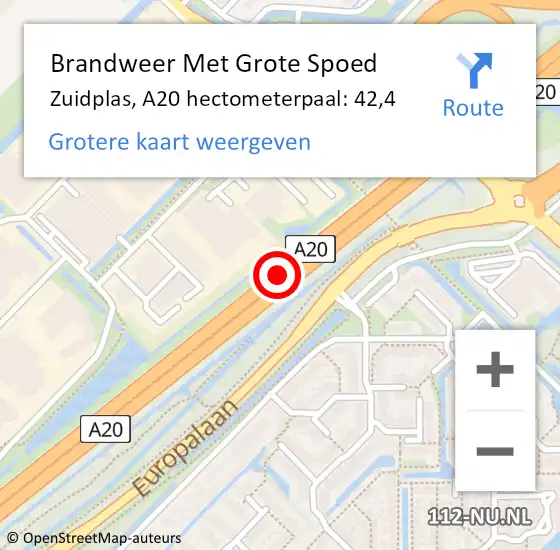 Locatie op kaart van de 112 melding: Brandweer Met Grote Spoed Naar Zuidplas, A20 hectometerpaal: 42,4 op 22 oktober 2023 11:12