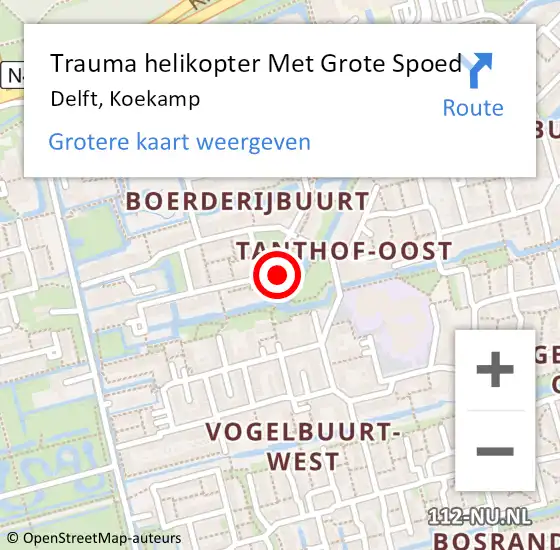 Locatie op kaart van de 112 melding: Trauma helikopter Met Grote Spoed Naar Delft, Koekamp op 22 oktober 2023 11:43