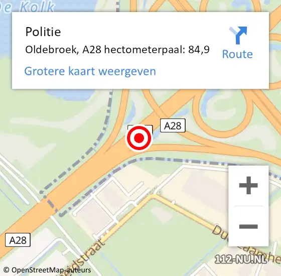 Locatie op kaart van de 112 melding: Politie Oldebroek, A28 hectometerpaal: 84,9 op 22 oktober 2023 11:47