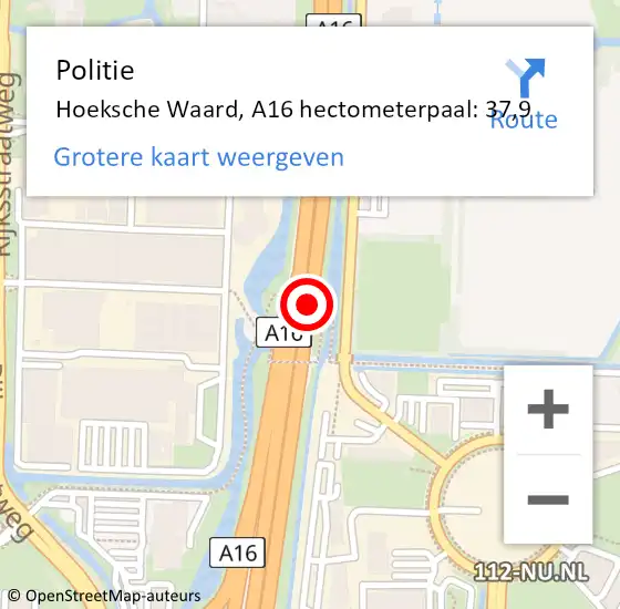 Locatie op kaart van de 112 melding: Politie Hoeksche Waard, A16 hectometerpaal: 37,9 op 22 oktober 2023 16:44