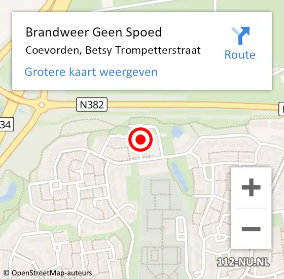 Locatie op kaart van de 112 melding: Brandweer Geen Spoed Naar Coevorden, Betsy Trompetterstraat op 22 oktober 2023 18:56