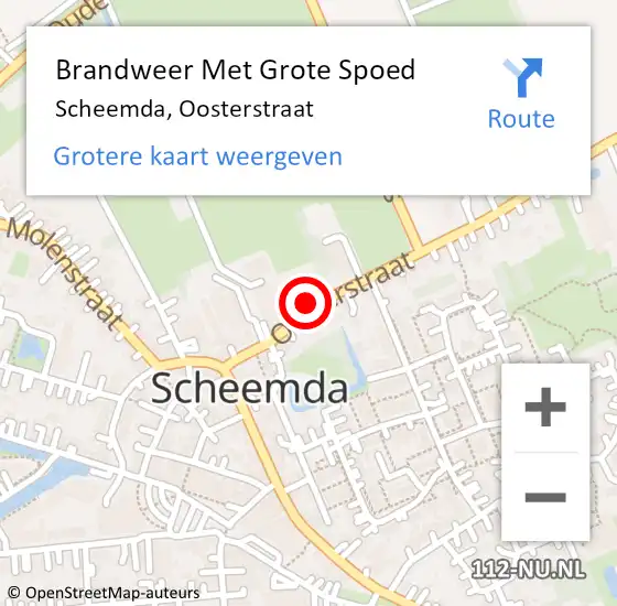 Locatie op kaart van de 112 melding: Brandweer Met Grote Spoed Naar Scheemda, Oosterstraat op 22 oktober 2023 19:18