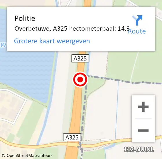 Locatie op kaart van de 112 melding: Politie Overbetuwe, A325 hectometerpaal: 14,3 op 22 oktober 2023 19:46