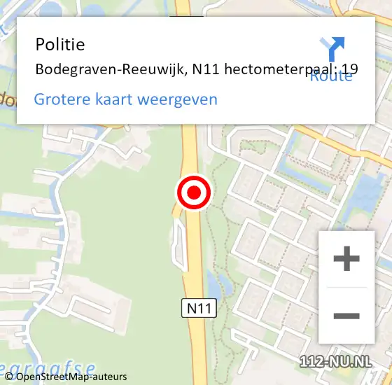 Locatie op kaart van de 112 melding: Politie Bodegraven-Reeuwijk, N11 hectometerpaal: 19 op 22 oktober 2023 21:09