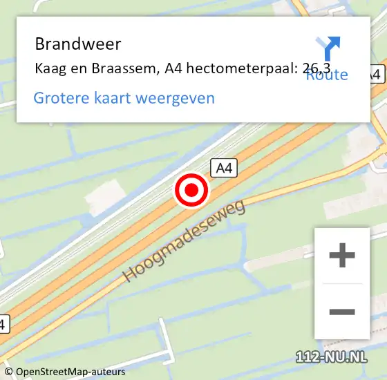 Locatie op kaart van de 112 melding: Brandweer Kaag en Braassem, A4 hectometerpaal: 26,3 op 22 oktober 2023 21:17