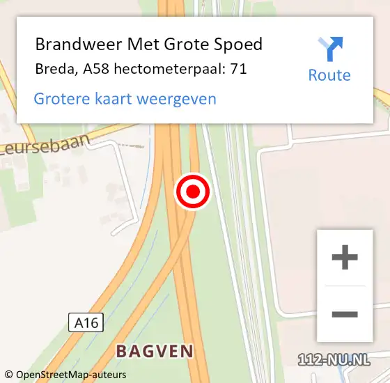 Locatie op kaart van de 112 melding: Brandweer Met Grote Spoed Naar Breda, A58 hectometerpaal: 71 op 22 oktober 2023 22:31