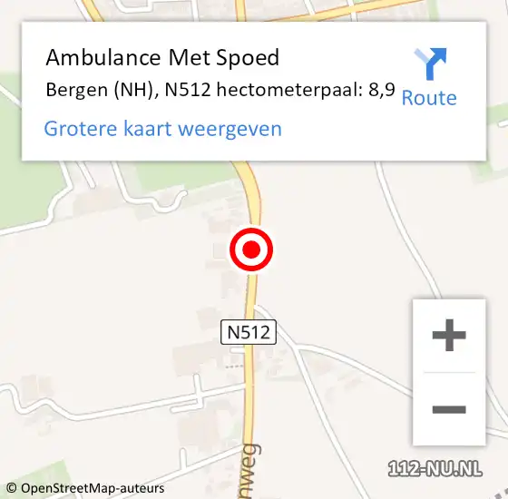 Locatie op kaart van de 112 melding: Ambulance Met Spoed Naar Bergen (NH), N512 hectometerpaal: 8,9 op 22 oktober 2023 23:23