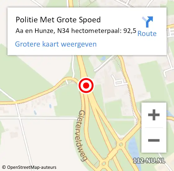 Locatie op kaart van de 112 melding: Politie Met Grote Spoed Naar Aa en Hunze, N34 hectometerpaal: 92,5 op 23 oktober 2023 06:53