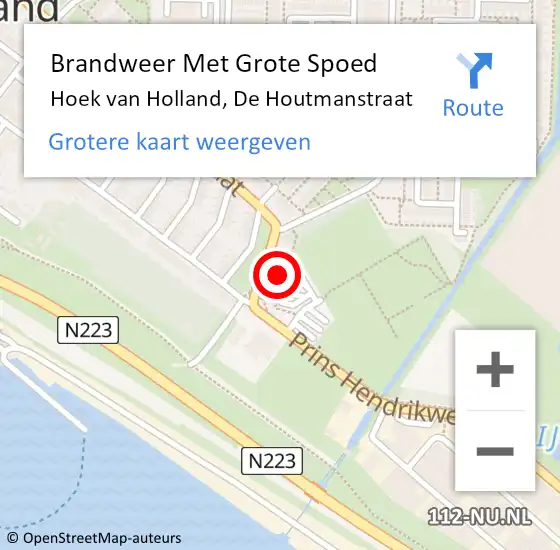 Locatie op kaart van de 112 melding: Brandweer Met Grote Spoed Naar Hoek van Holland, De Houtmanstraat op 23 oktober 2023 08:14