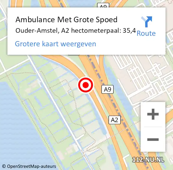 Locatie op kaart van de 112 melding: Ambulance Met Grote Spoed Naar Ouder-Amstel, A2 hectometerpaal: 35,4 op 23 oktober 2023 08:25