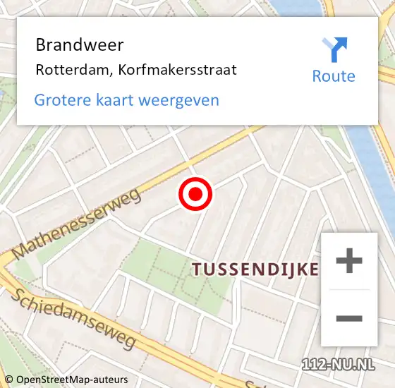 Locatie op kaart van de 112 melding: Brandweer Rotterdam, Korfmakersstraat op 23 oktober 2023 10:01