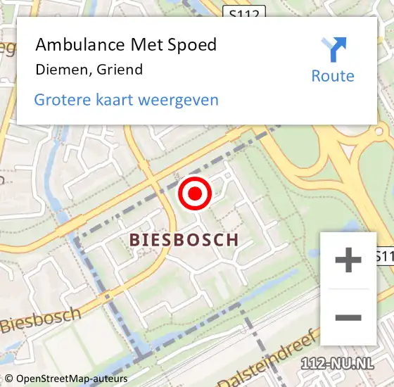 Locatie op kaart van de 112 melding: Ambulance Met Spoed Naar Diemen, Griend op 23 oktober 2023 12:04