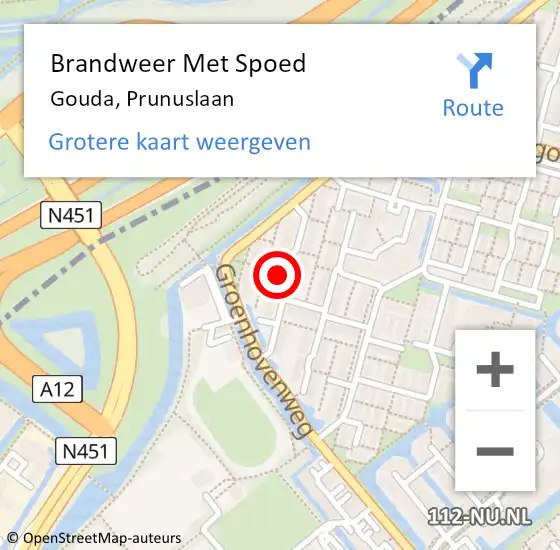 Locatie op kaart van de 112 melding: Brandweer Met Spoed Naar Gouda, Prunuslaan op 23 oktober 2023 12:41