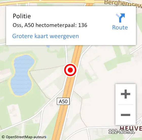 Locatie op kaart van de 112 melding: Politie Oss, A50 hectometerpaal: 136 op 23 oktober 2023 13:08