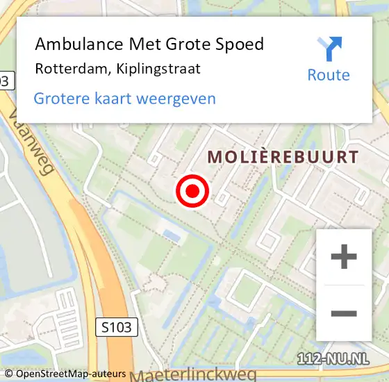 Locatie op kaart van de 112 melding: Ambulance Met Grote Spoed Naar Rotterdam, Kiplingstraat op 23 oktober 2023 15:58