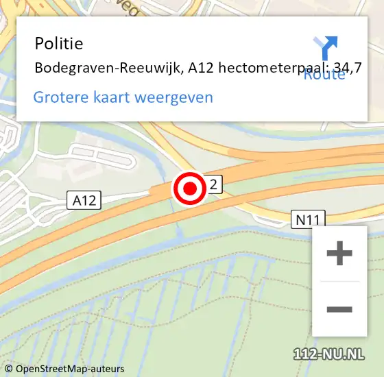 Locatie op kaart van de 112 melding: Politie Bodegraven-Reeuwijk, A12 hectometerpaal: 34,7 op 23 oktober 2023 19:28