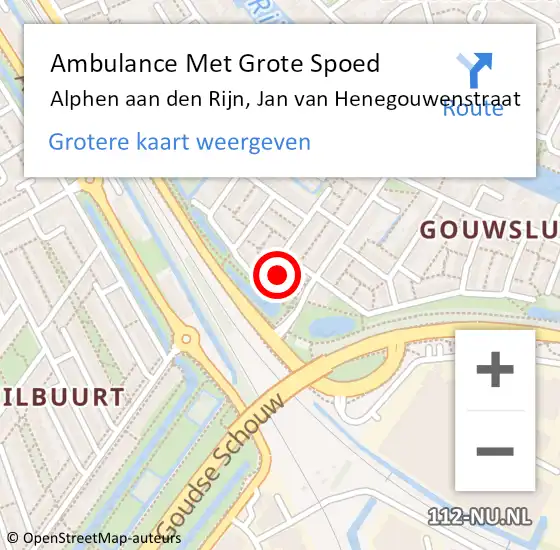 Locatie op kaart van de 112 melding: Ambulance Met Grote Spoed Naar Alphen aan den Rijn, Jan van Henegouwenstraat op 23 oktober 2023 20:08