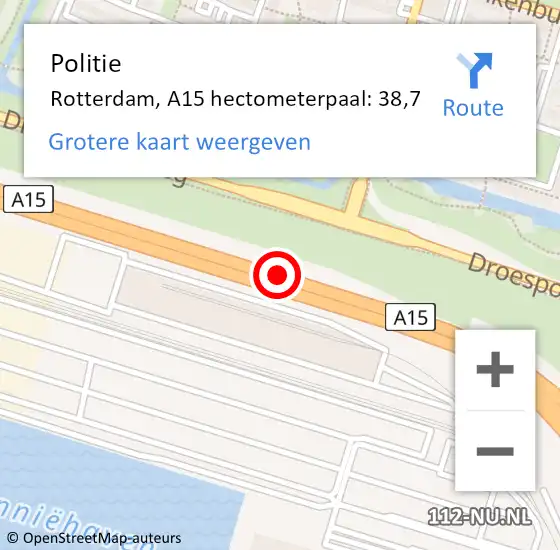 Locatie op kaart van de 112 melding: Politie Rotterdam, A15 hectometerpaal: 38,7 op 24 oktober 2023 00:15