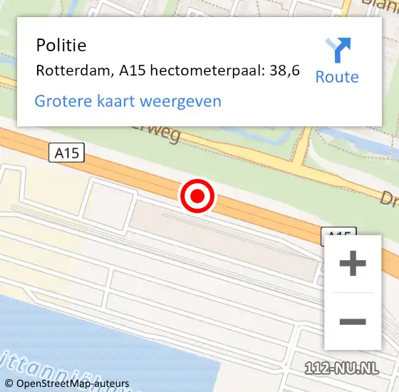 Locatie op kaart van de 112 melding: Politie Rotterdam, A15 hectometerpaal: 38,6 op 24 oktober 2023 00:21