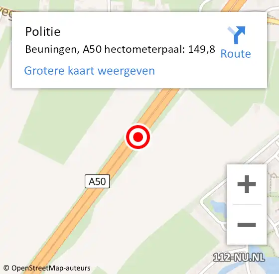 Locatie op kaart van de 112 melding: Politie Beuningen, A50 hectometerpaal: 149,8 op 24 oktober 2023 07:15