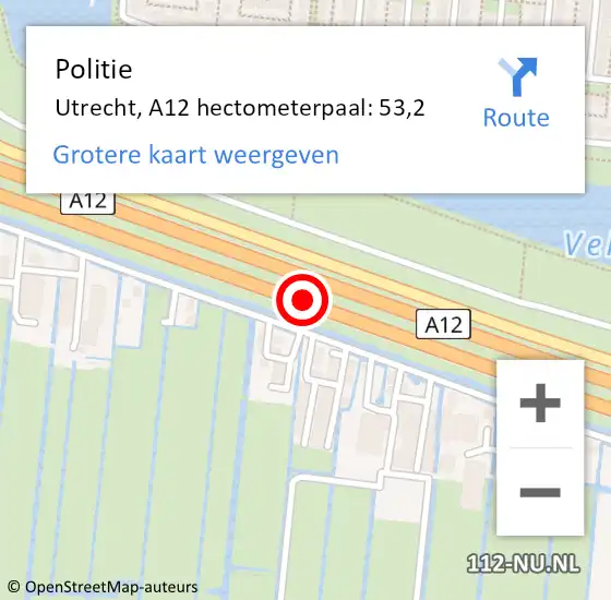 Locatie op kaart van de 112 melding: Politie Utrecht, A12 hectometerpaal: 53,2 op 24 oktober 2023 07:31