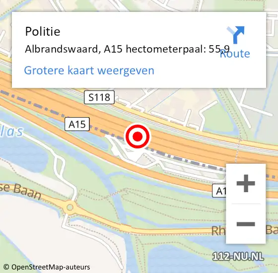 Locatie op kaart van de 112 melding: Politie Albrandswaard, A15 hectometerpaal: 55,9 op 24 oktober 2023 07:35