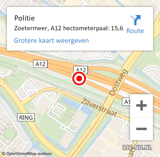 Locatie op kaart van de 112 melding: Politie Zoetermeer, A12 hectometerpaal: 15,6 op 24 oktober 2023 07:44