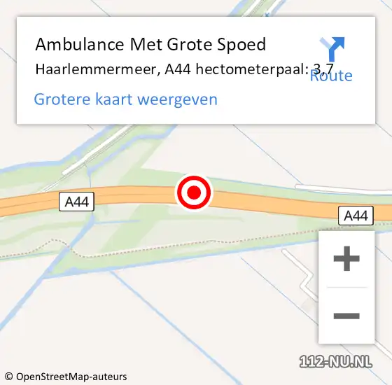Locatie op kaart van de 112 melding: Ambulance Met Grote Spoed Naar Haarlemmermeer, A44 hectometerpaal: 3,7 op 24 oktober 2023 08:20